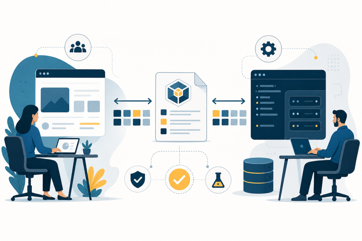 Ilustração de blocos de frontend e backend conectados por contratos de API claros.