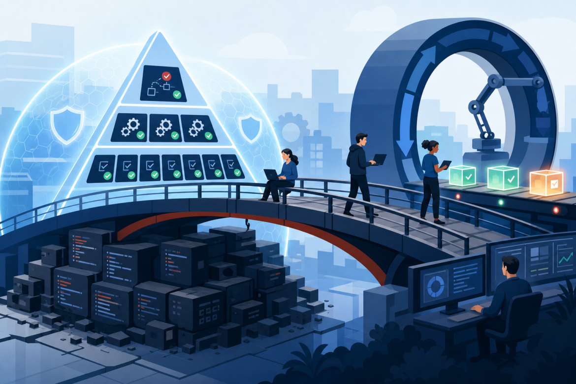 Ilustração de uma pirâmide de testes automatizados protegendo mudanças em código legado enquanto entregas seguem em fluxo contínuo.