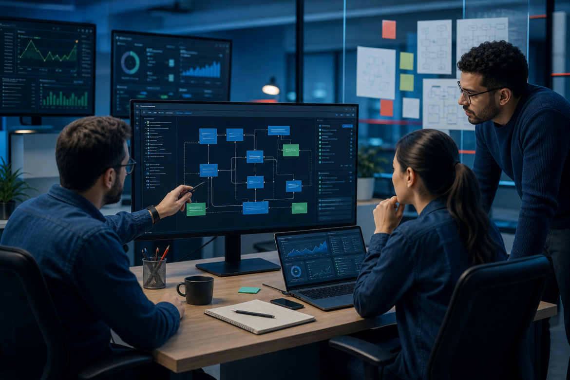 Equipe analisando módulos, testes e monitoramento para evoluir um sistema legado com segurança.