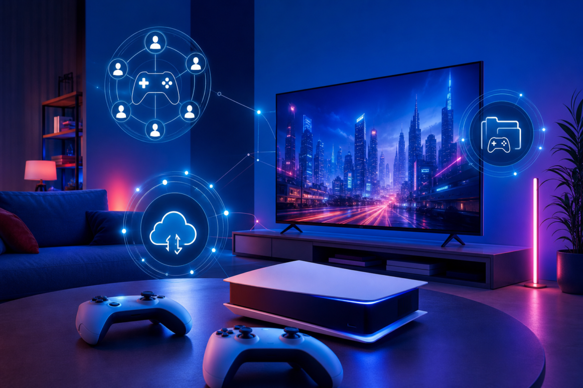 Console conectado a uma TV, controles sem fio e elementos visuais de jogos e plataformas digitais.