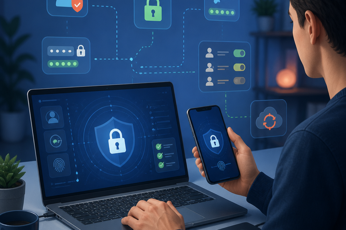 Ilustração de segurança e privacidade digital com notebook, celular, cadeado, controles de permissões e backup.