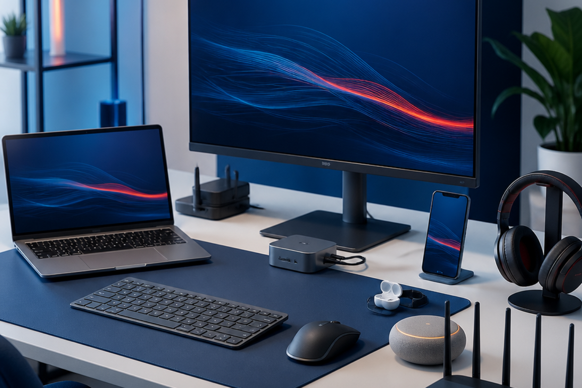 Mesa organizada com notebook, celular, monitor, periféricos e dispositivos conectados.