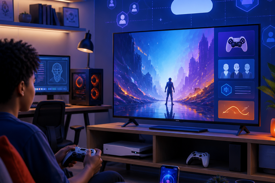 Ilustração de console, computador, celular e televisão representando games e cultura digital.
