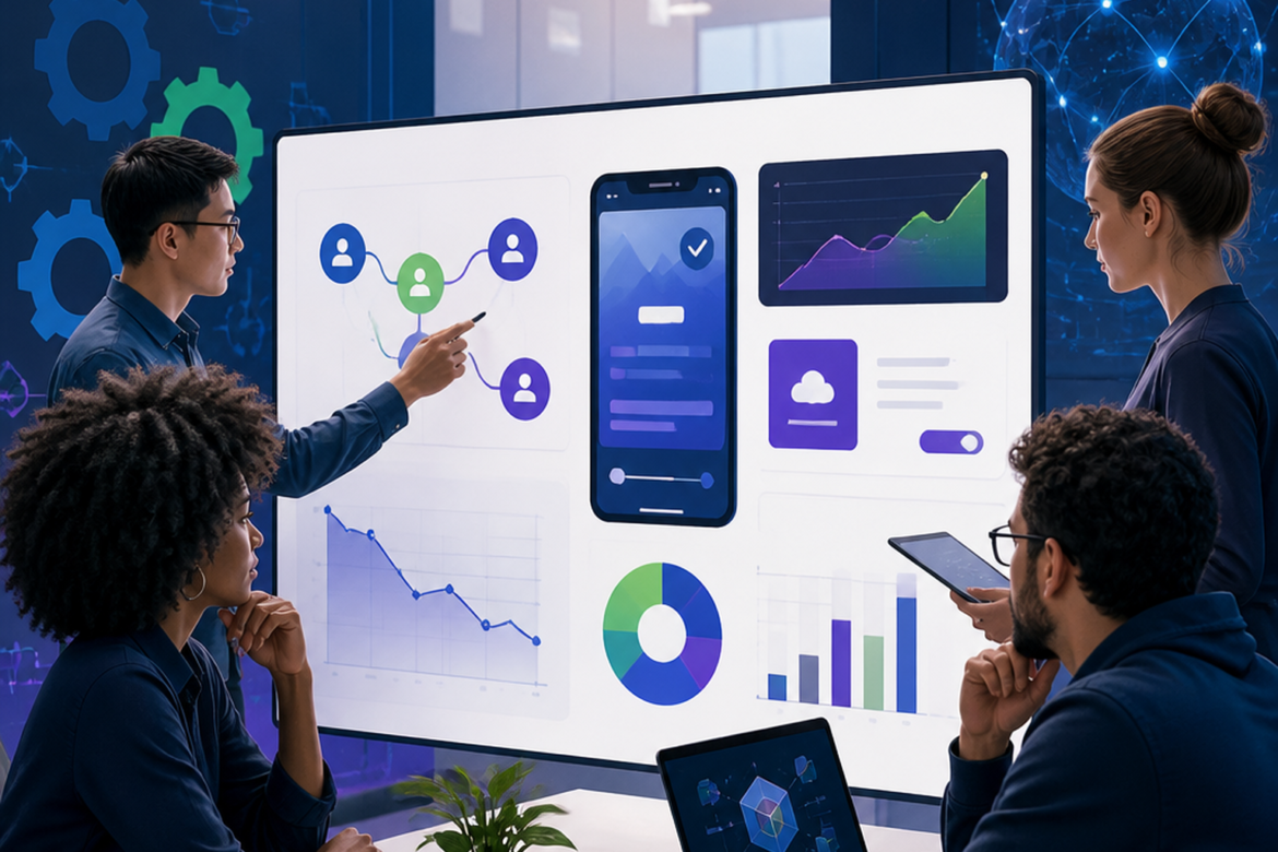 Ilustração de equipe analisando métricas, estratégia e produto digital em um painel visual.