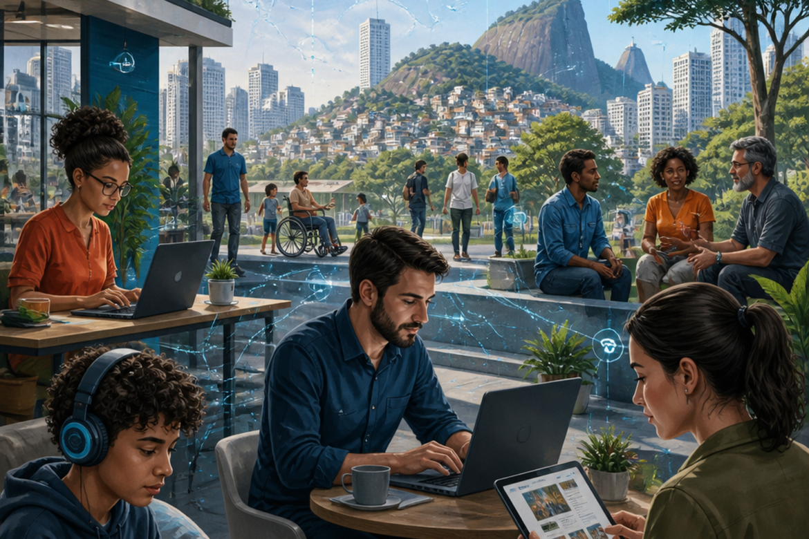 Pessoas usando dispositivos digitais, trabalhando, lendo e conversando em um ambiente urbano que representa tecnologia e sociedade.
