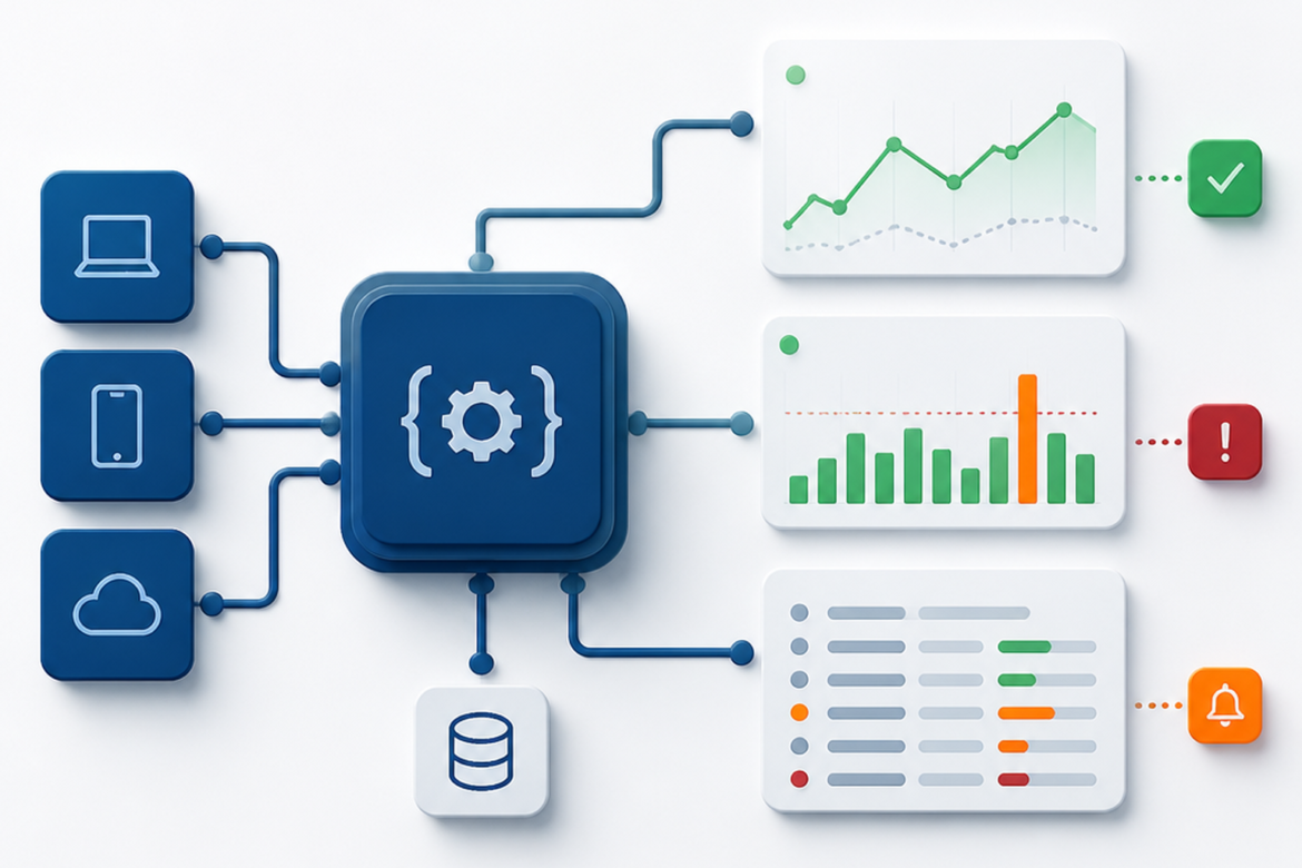 Ilustração de uma API com métricas, logs e alertas simples para observabilidade.