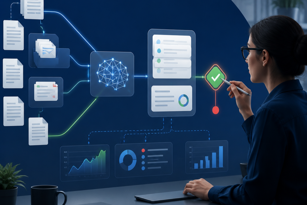Ilustração de um fluxo interno em que uma IA organiza tarefas e uma pessoa revisa uma aprovação.