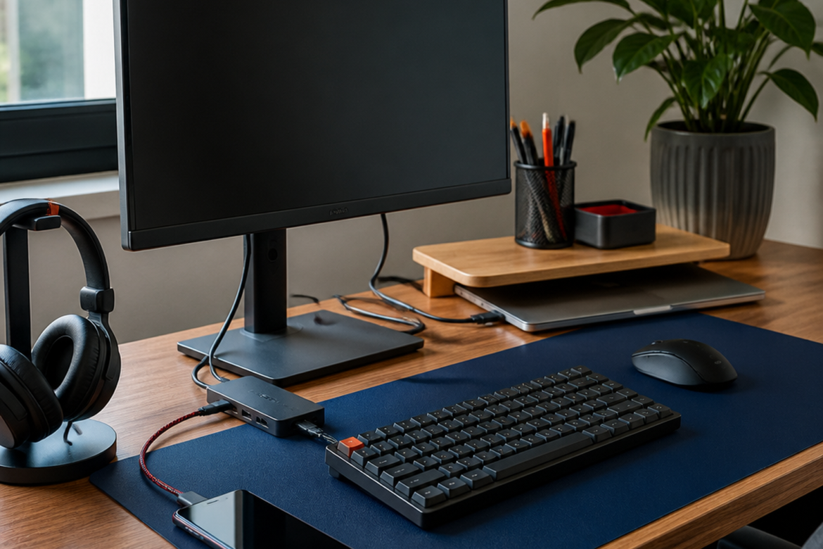 Mesa organizada com periféricos de computador e acessórios de uso cotidiano.