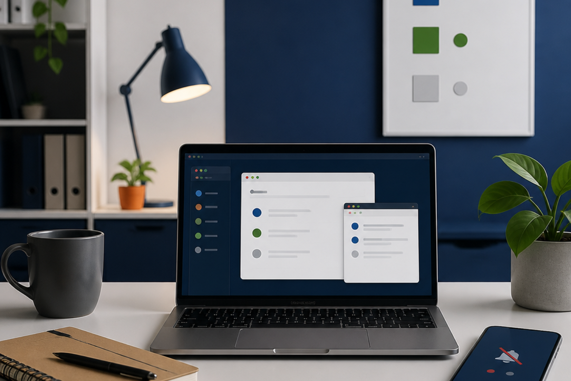 Mesa de trabalho organizada com notebook, caderno e celular com notificações silenciadas, representando minimalismo digital e foco.