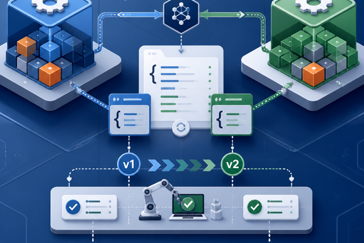 Diagrama ilustrativo de serviços internos usando contratos de API e versões v1 e v2 durante uma migração controlada.