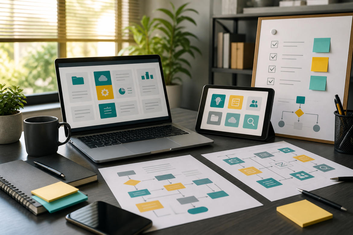 Mesa de treinamento com notebook, tablet e fluxos visuais representando alfabetizacao digital no trabalho.