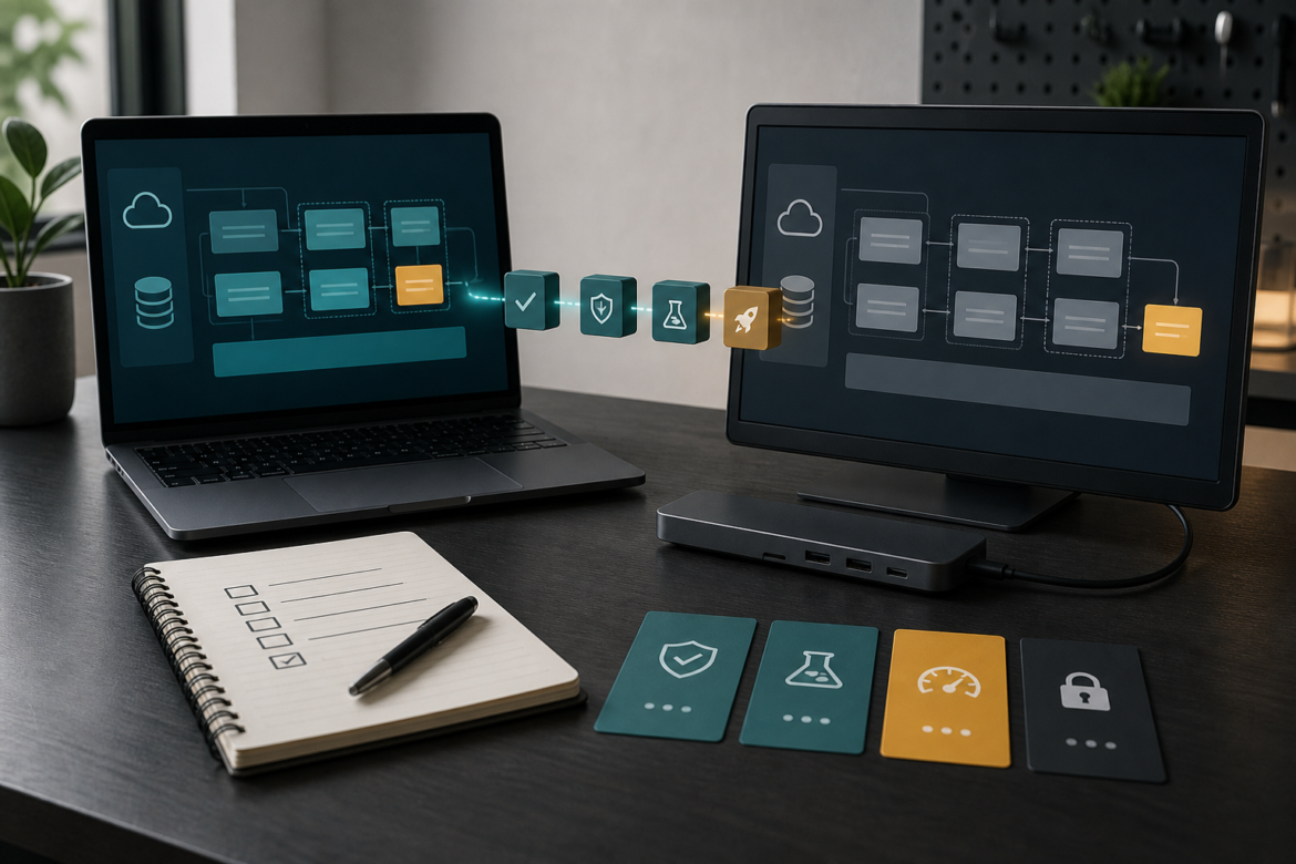 Dois monitores com fluxo abstrato de staging, verificacao e publicacao controlada.