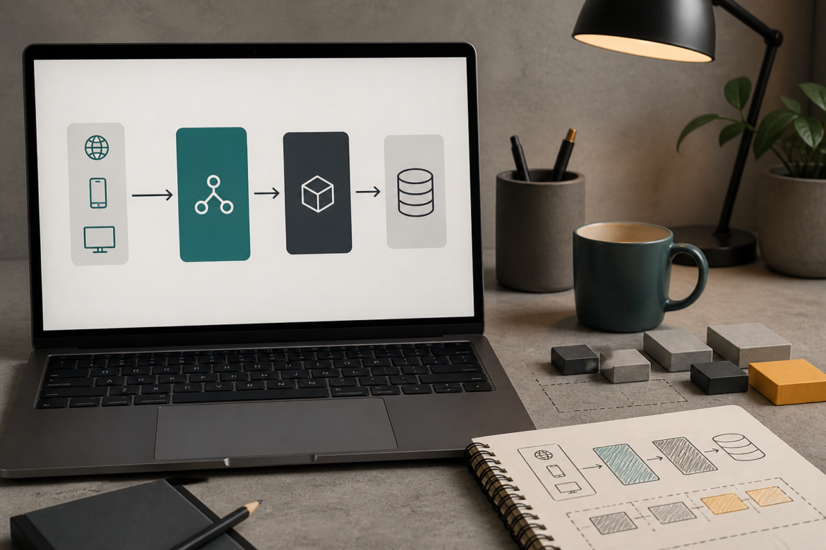 Mesa de desenvolvimento com notebook exibindo arquitetura web simples em camadas claras.