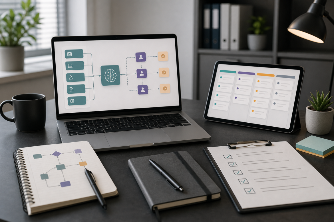 Mesa de atendimento interno com notebook, fluxo de tickets e pontos de revisao humana.