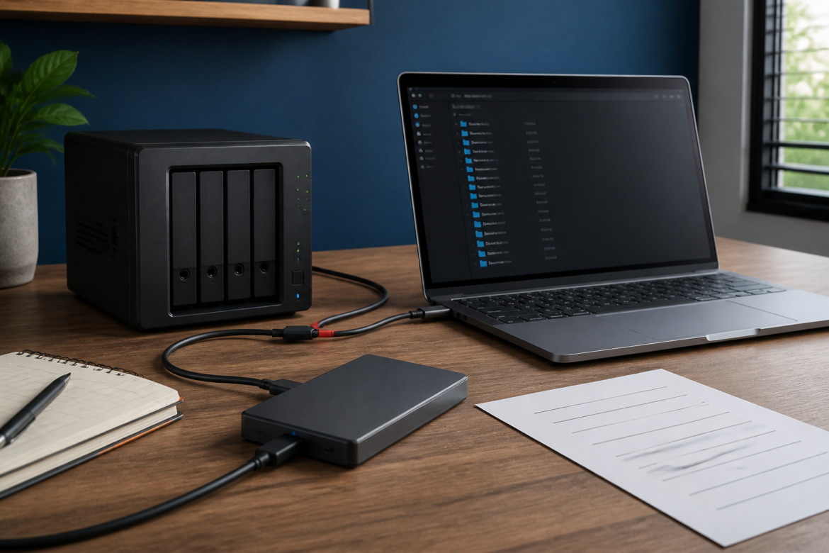 Mesa tecnica com notebook, armazenamento externo e checklist visual para teste de restauracao de backup.
