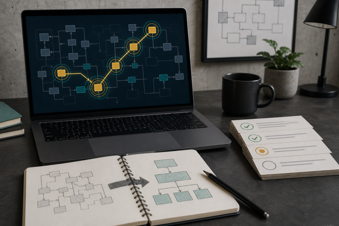 Notebook com mapa abstrato de modulos e caminhos criticos cobertos por testes.