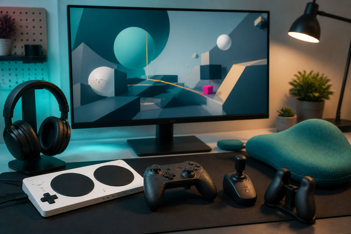 Mesa gamer com controle adaptativo, gamepad, fones e monitor com cena abstrata de jogo.