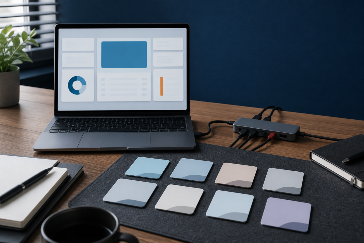 Mesa com notebook, paineis abstratos de SaaS e cabos organizados para avaliacao de dependencia digital.
