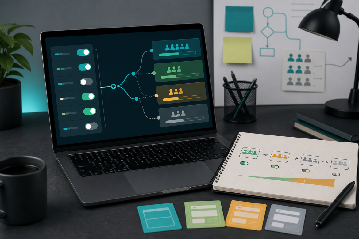 Notebook com painel abstrato de feature flags, toggles e grupos de usuarios.