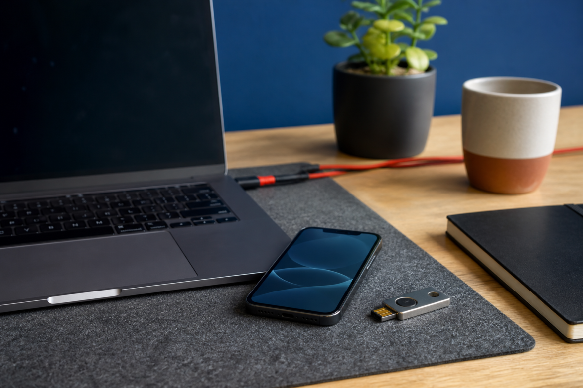 Mesa com notebook, telefone, chave de seguranca e elementos visuais de autenticacao forte.