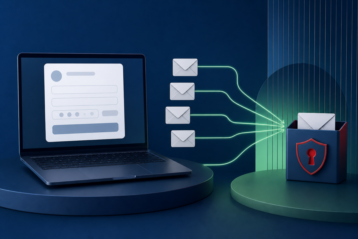 Ilustração de endereços de e-mail alternativos protegendo uma caixa de entrada principal em cadastros online.