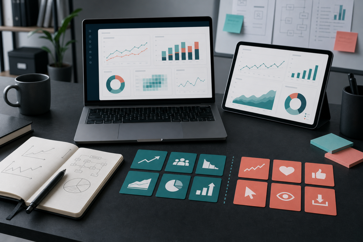 Mesa de produto com dashboards abstratos, cards de metricas e graficos sem texto.