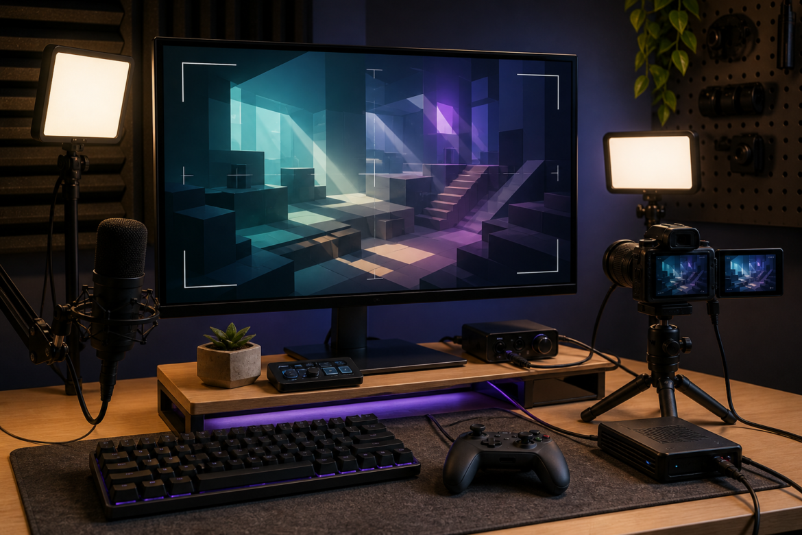 Setup de captura de gameplay com monitor, camera, microfone, controle e placa de captura.