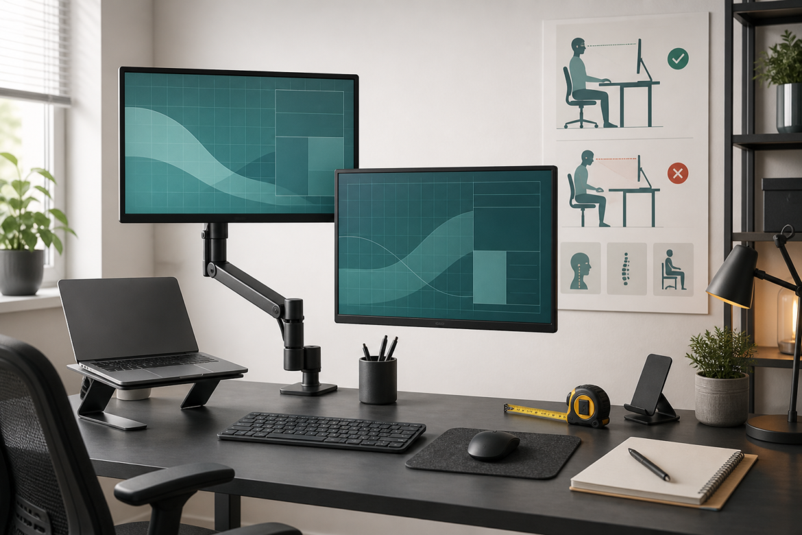 Mesa de trabalho hibrido com monitores em braco ajustavel, notebook elevado e guia visual de ergonomia.