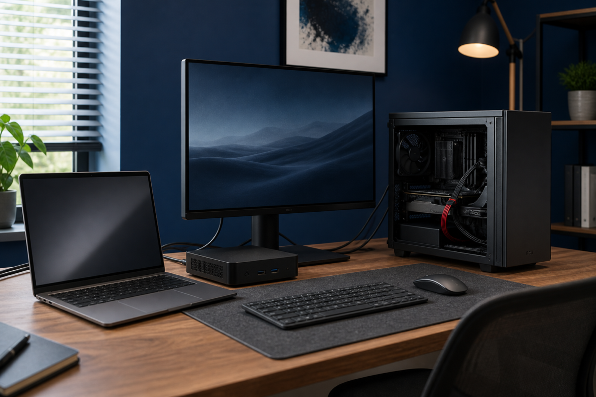 Estação de trabalho com notebook, mini PC, monitor e desktop para comparar escolhas de hardware.