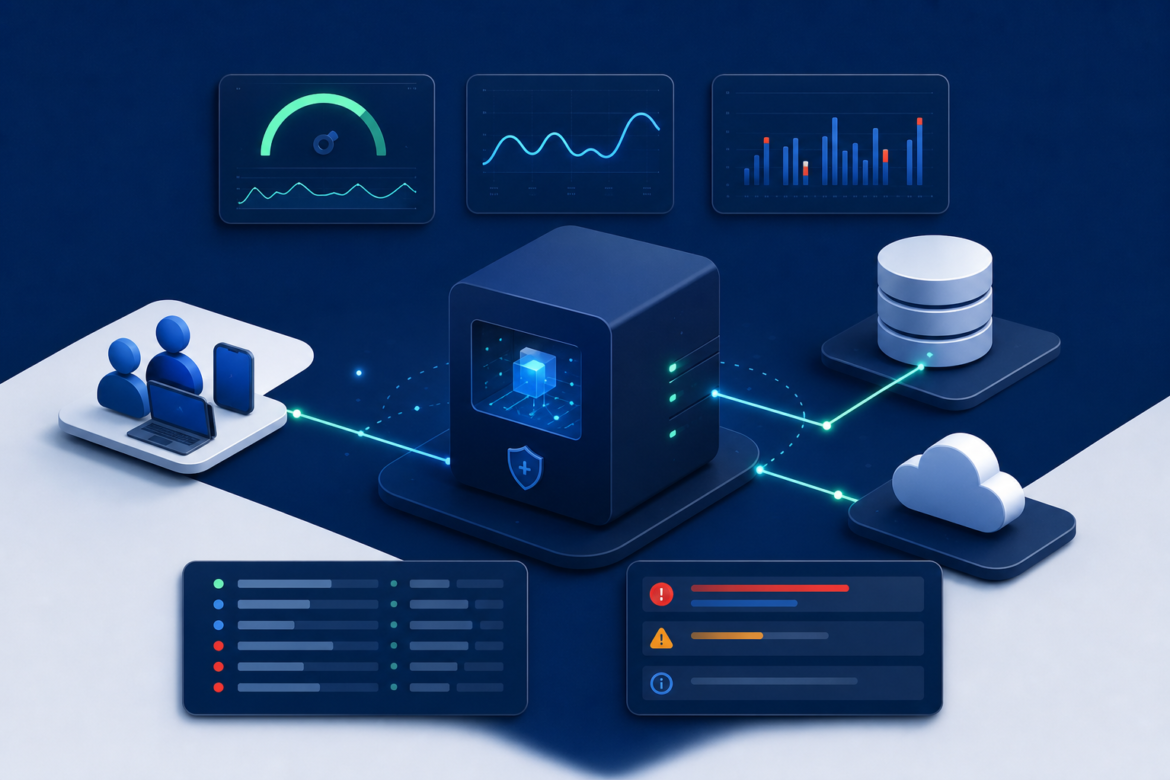 Ilustração de observabilidade simples para uma API pequena, com métricas, logs, alertas e dependências monitoradas.