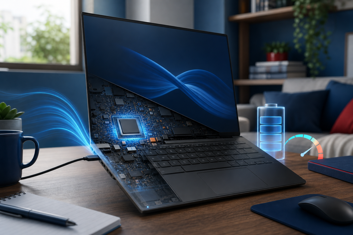 Notebook fino representando chips mobile em computadores, com foco em eficiência energética e desempenho cotidiano.