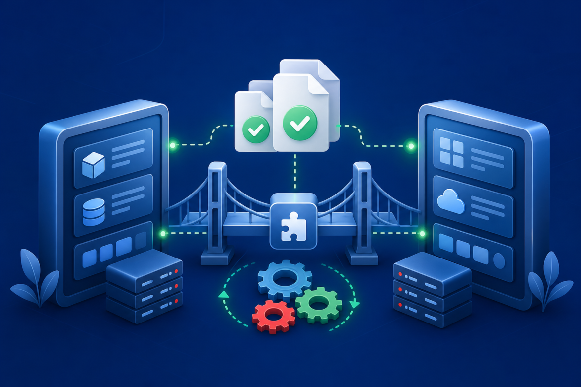 Ilustração de serviços conectados por uma API, com contrato e testes automatizados protegendo mudanças no sistema.
