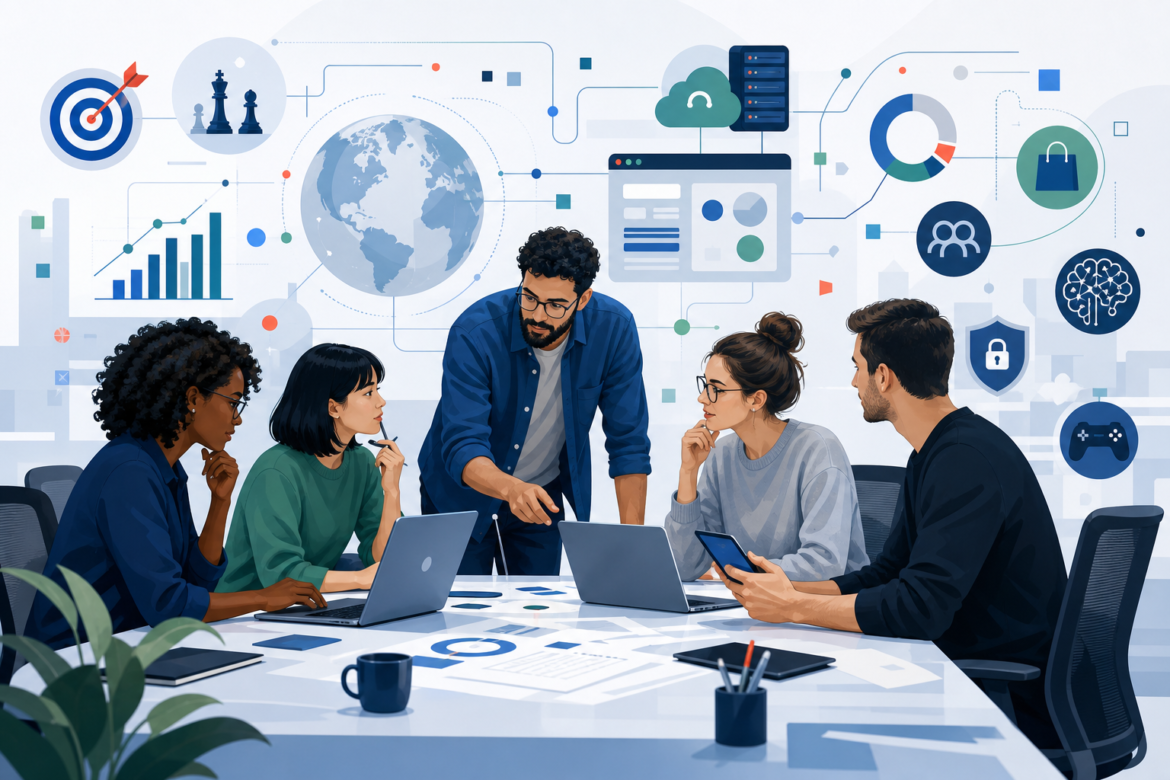 Ilustração de equipe analisando produto digital, métricas e estratégia de uma empresa de tecnologia.