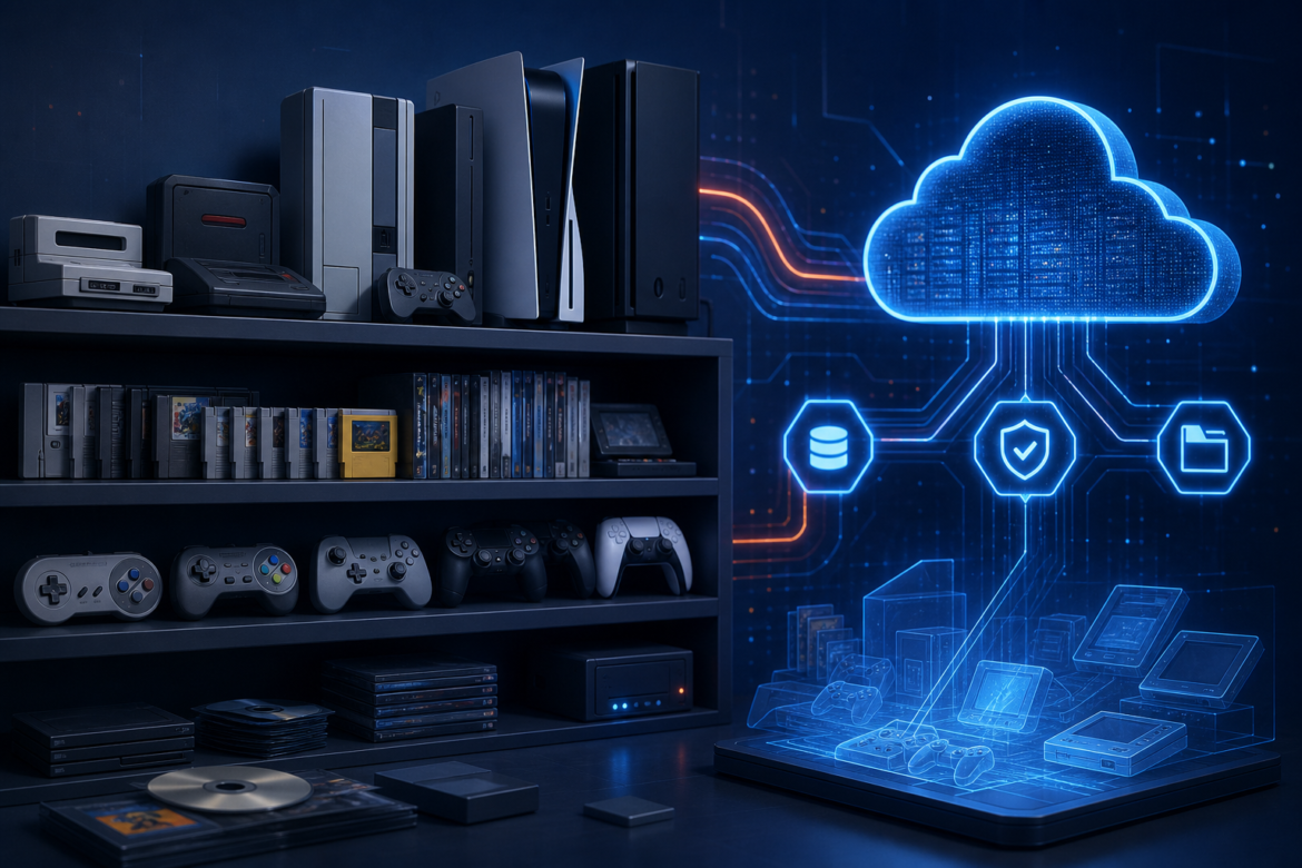 Ilustração de consoles, mídias físicas e uma biblioteca digital conectada por elementos de preservação e compatibilidade.