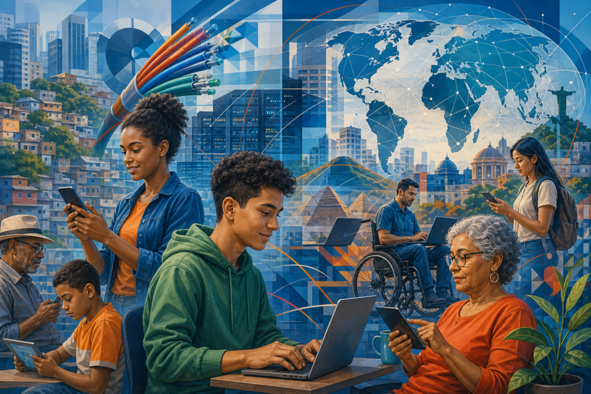 Ilustração de pessoas usando dispositivos conectados em uma cidade, com elementos que representam internet, cultura digital e conexões globais.