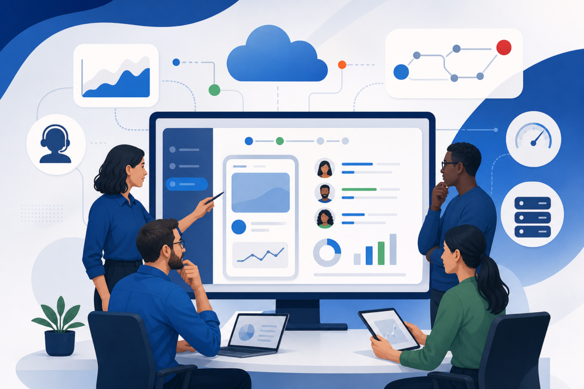 Equipe analisando estratégia, métricas e evolução de um produto digital SaaS.