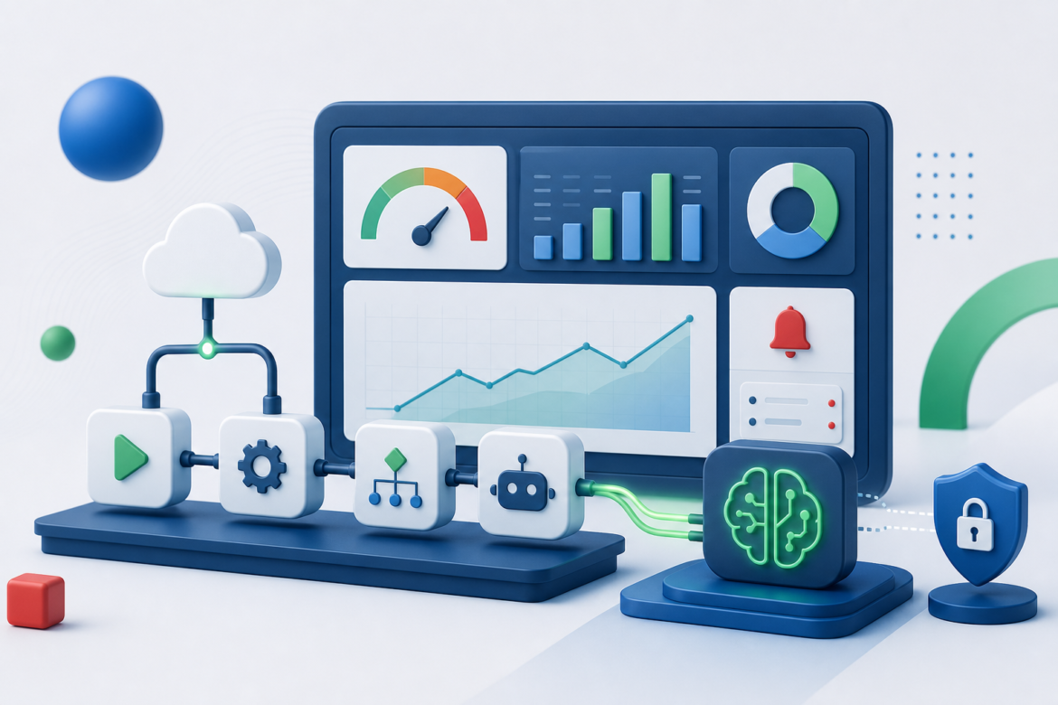 Ilustração de automação com inteligência artificial, painel de consumo e limites de orçamento.
