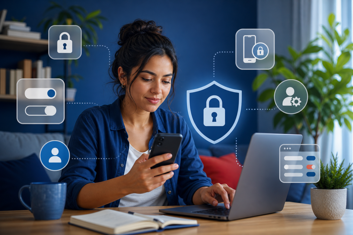Pessoa revisando configurações de privacidade e segurança em um celular e notebook.
