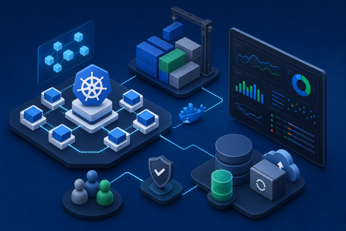 Ilustração de Kubernetes, contêineres Docker, painel de observabilidade e banco de dados conectados para representar confiabilidade.