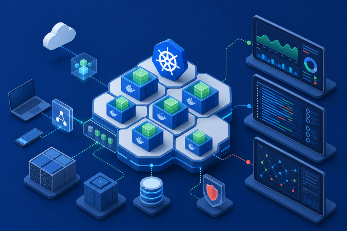 Ilustração de contêineres em um cluster Kubernetes conectados a métricas, logs e rastros de uma API.