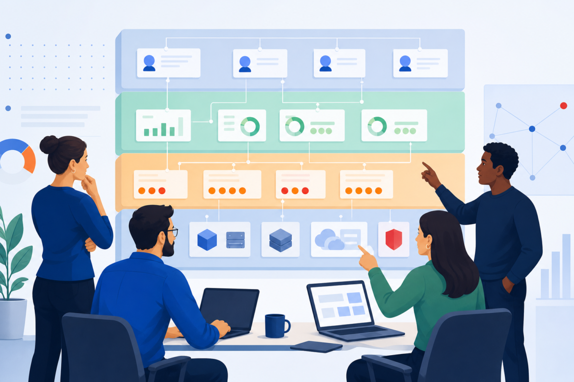 Ilustração de uma equipe conectando necessidades de mercado, métricas e prioridades em um roadmap de tecnologia.