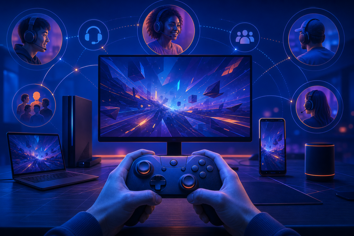 Pessoa usando um controle enquanto ícones abstratos representam plataformas de jogos e comunidade online.