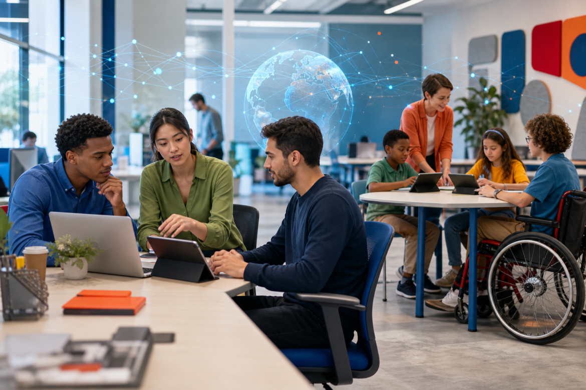 Profissionais e estudantes usam tecnologia em ambientes de trabalho e aprendizagem colaborativos.