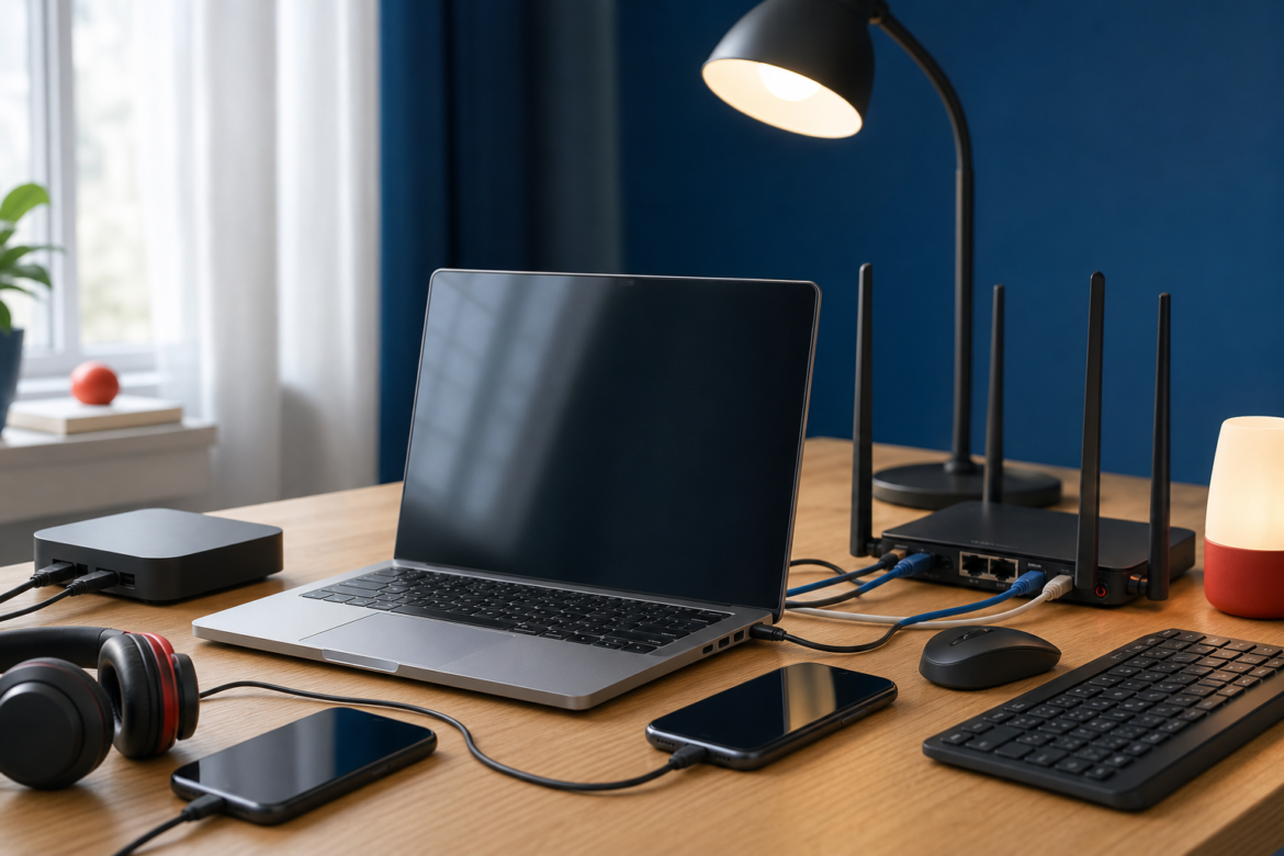 Mesa com notebook, smartphone, periféricos, roteador e dispositivos conectados para ilustrar critérios de compra de hardware.