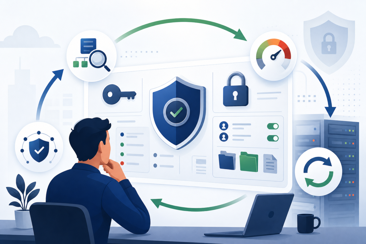 Ilustração de gestão de risco digital com ícones de identidade, permissões, privacidade e proteção de dados.