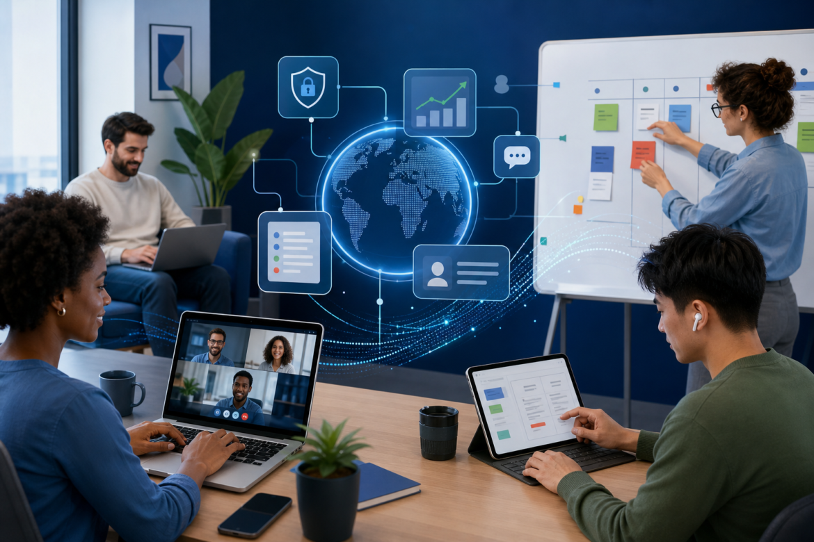 Equipe em ambiente híbrido colaborando com ferramentas digitais, documentos e videoconferência.