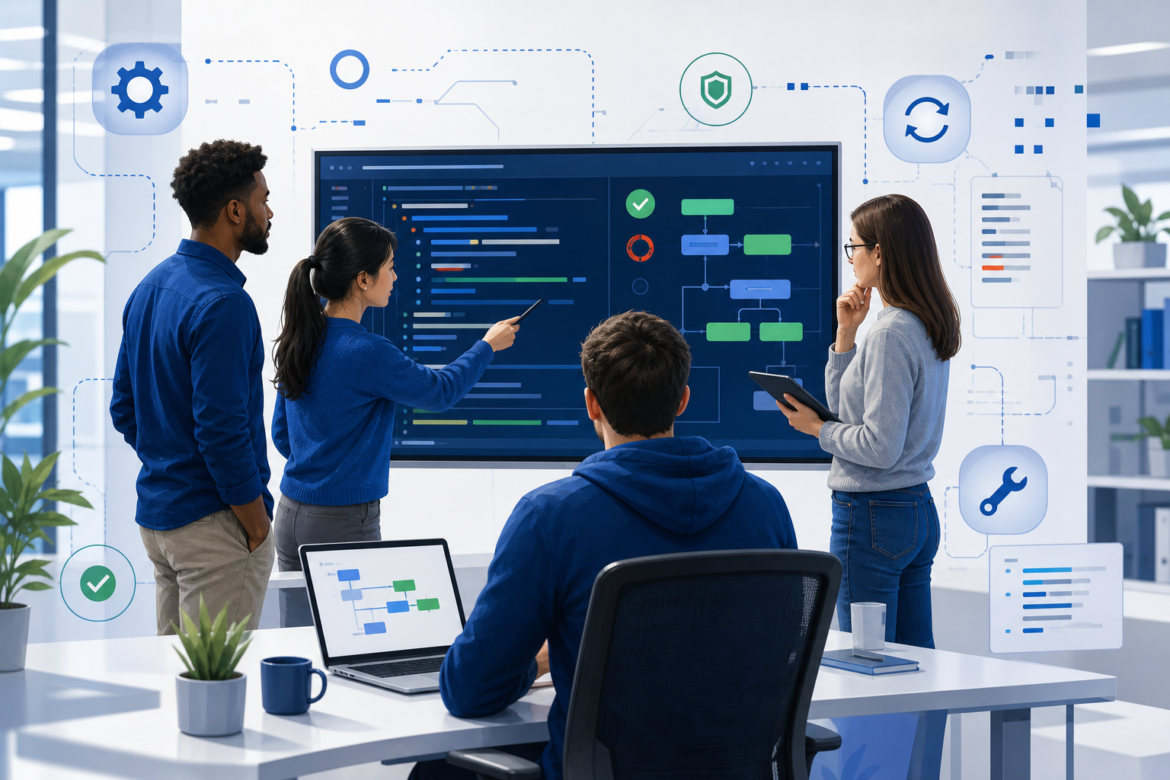 Equipe de desenvolvimento revisando código com indicadores de testes, qualidade e manutenção de software.