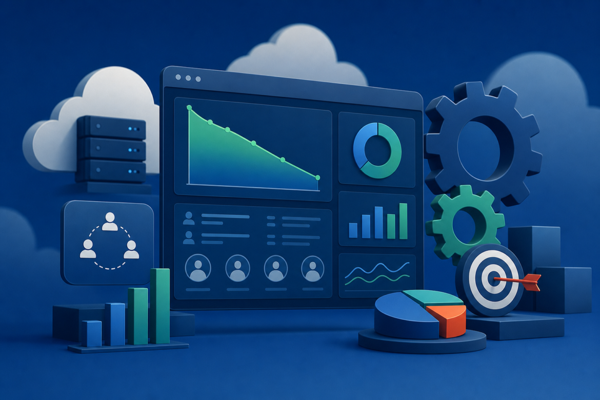 Ilustração de um painel de SaaS com indicadores de produto, usuários, receita recorrente e mercado.