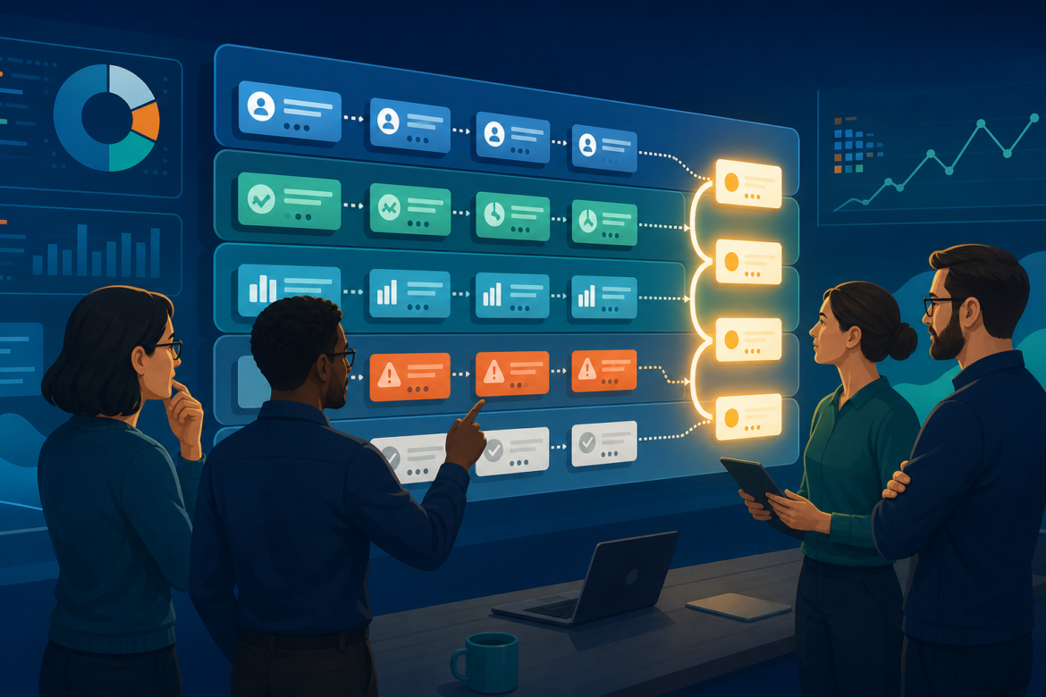 Equipe avaliando sinais de mercado, métricas e riscos para definir prioridades em um roadmap de produto digital.