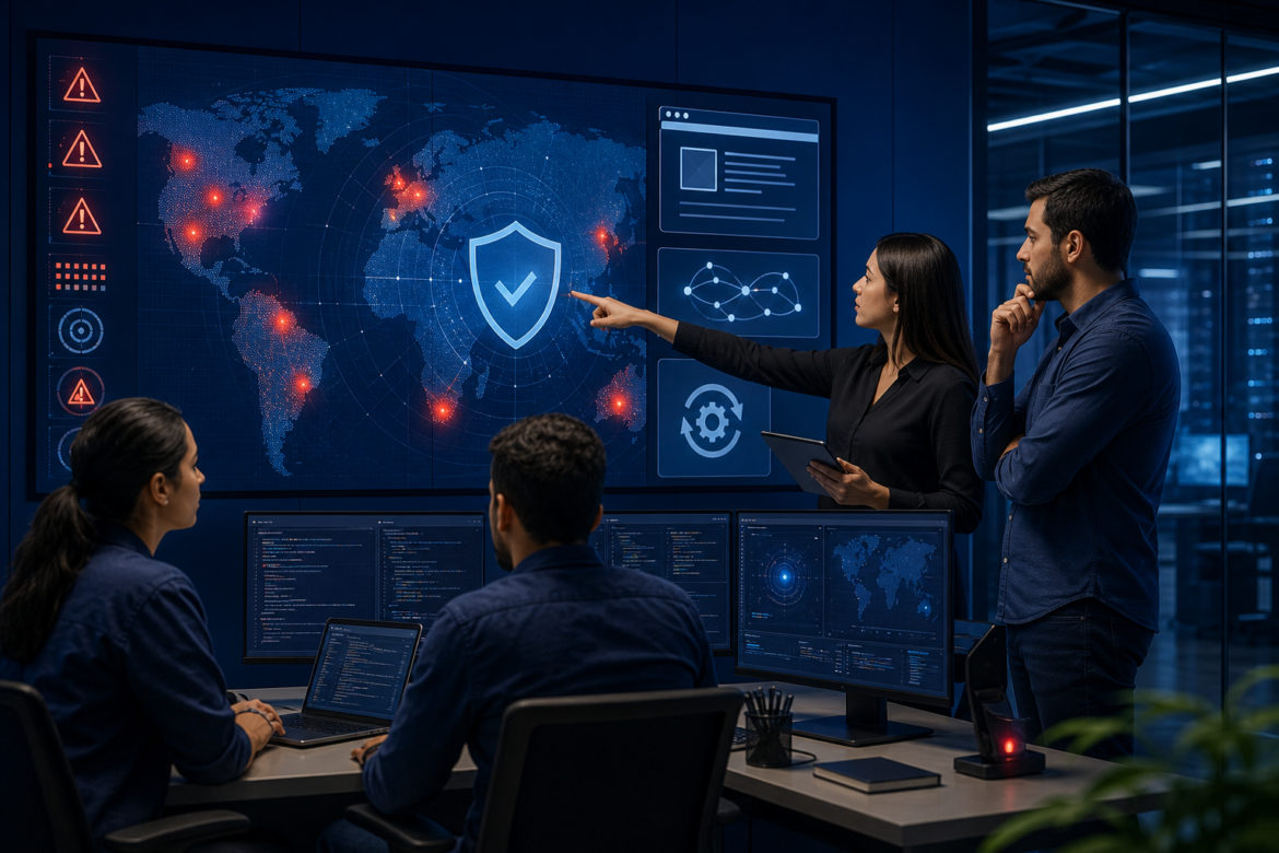 Ilustração de equipe analisando alertas e controles para mitigar vulnerabilidades em aplicações web.